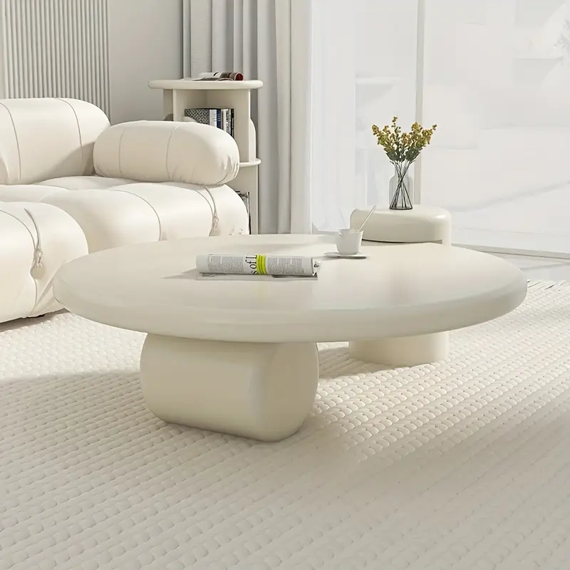 Modern Round Coffee Table | Creamy White Resin Top | Bamboo Legs | Lightweight & Portable | Easy to Clean | Ideal for Contemporary Living Room Decor, Coffee Table for Living Room
