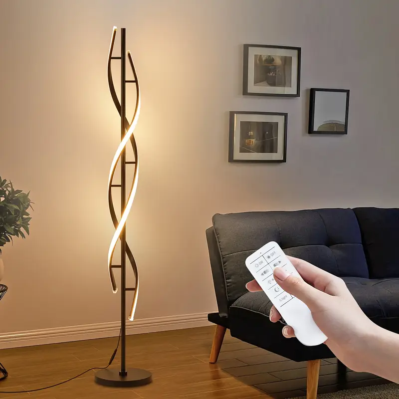 Modern 60" LED Floor Lamp with 3 Color Temperatures & 360° Lighting - 48W Dimmable Spiral Standing Lamp, Timer, Remote Control, Polished Metal Finish - Black/White for Living Room, Bedroom, Office, Floor Lamps for Living Room