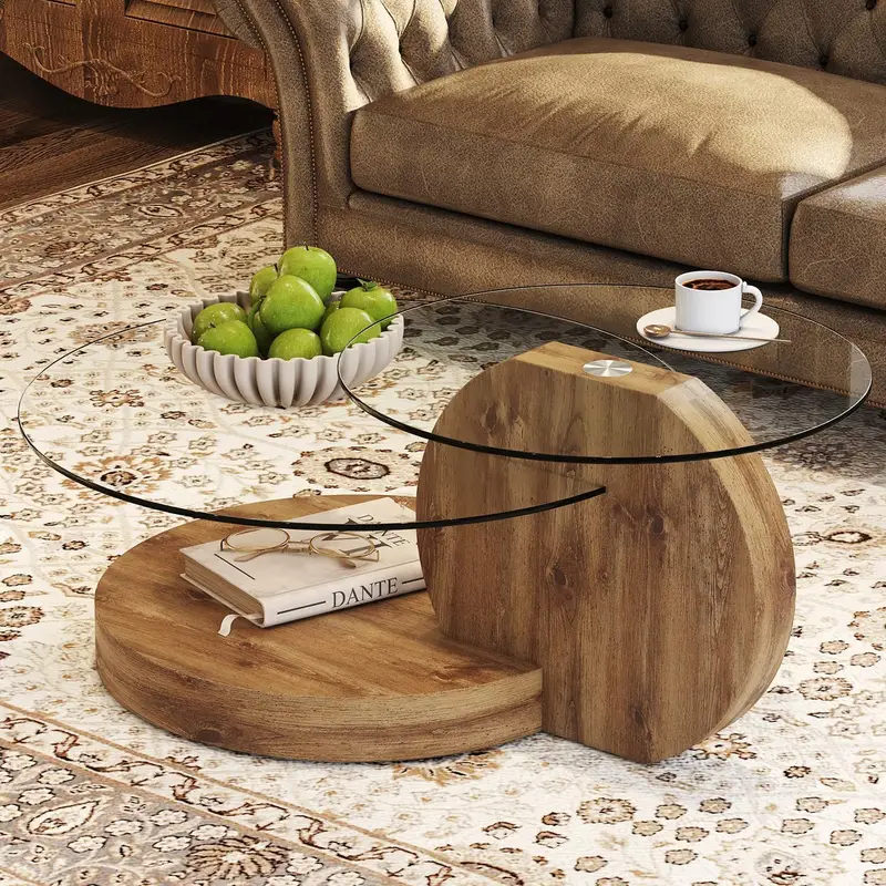 Modern Elegance | Modern Double Layer Round Coffee Table, 42 Inch White Glass Top with Solid Hardwood Base, Space-Saving Design for Living Room and Home Office, Pre-Assembled Fiberboard Construction, Aesthetic Room Decor