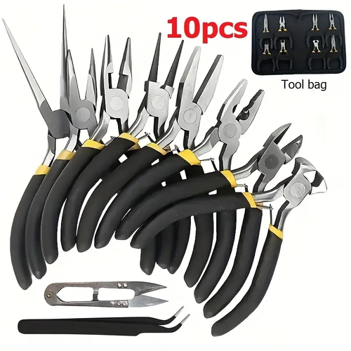 10pcs Jewelry Making Pliers Tools Kit, Round Nose Pliers, Tooth Needles and Oblique Pliers, scissors, tweezers, Pliers Pointed-node Pliers, Oblique Pliers, Round Bend Needle Nose Pliers, for Wire Wrapping Earring Beading And Crafts Making