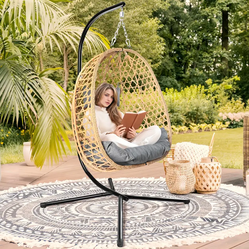 Egg Chair with Stand, Patio Wicker Hanging Chair, Hammock Swing Chair, 350LBS Capacity for Balcony, Garden, Swing Chair, Patio Hanging Chair, Wicker Chair with Cushion And Stand, Lounge Chairs for Deck, Yard, Porche, Porch Swing, Tanning Chair