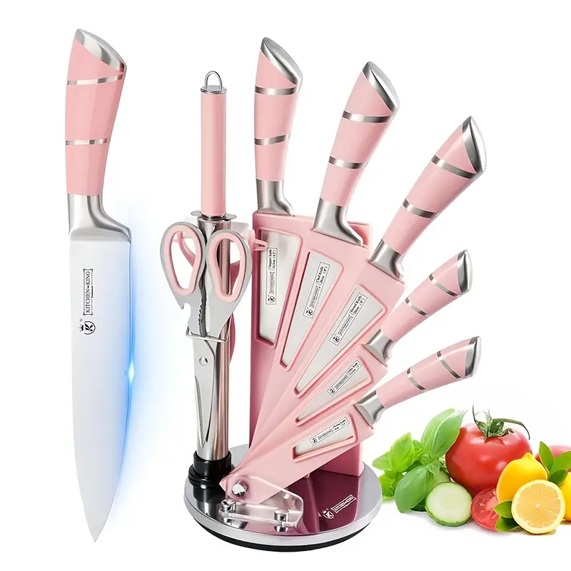 9pcs Kitchen Knives Set with Acrylic Block, Professional Chef, Bread, Cleaver, Paring, Utility Knife Scissors Sharpener Peeler Stainless Steel Ultra Sharp Non-stick Multifunctional Cooking Knife