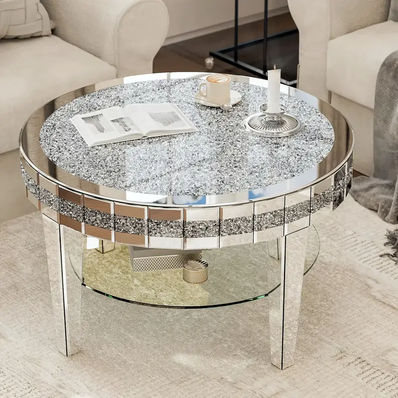 Round Mirrored Coffee Table 2-Tier with Crushed Diamond, 31.5 Inches Silvery Round Kitchen Table, Luxury Bling Coffee Table for Living Room, Office And Bedroom