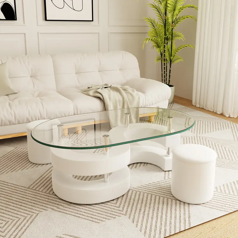 Modern Oval Glass Coffee Table - Versatile, Easy Clean, Stable, S Shape Base and 2 Leather Stools, Living Room Center Glass Coffee Table for Living Room.