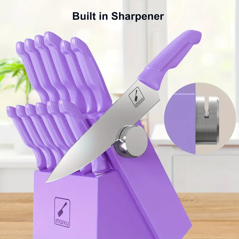 I Marku Kitchen Knife Set, Sharp Knife Set with Built-in Sharpener, Stainless Steel Knife Set with Block And Non-Slip Ergonomic Handle, Dishwasher Safe, 14pcs Professional Knife Set for Gift, Purple