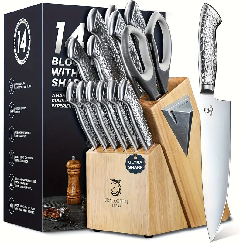 14pcs Knives Set with Wood Block - Kitchen Knife Block Set with Built In Sharpener, Dishwasher Safe, Rust Resistant, Non-Slip Ergonomic Handle - Gift for Men Women And Housewarming