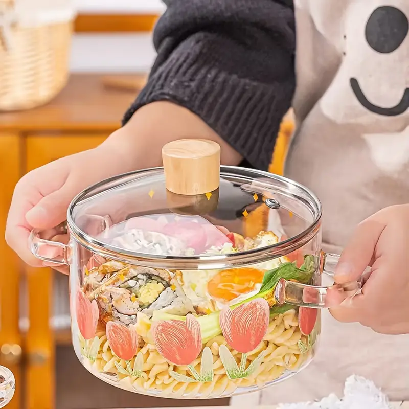 1pc Tulip Glass Cooking Pot, High Temperature Embroidery Craft, Heat Resistant Glass Pot, Glass Stew Pot, Multifunctional Glass Cooking Pot, Kitchen Supplies, Suitable for Pasta, Steak Sauce, Porridge, Noodles, Soup and Salad