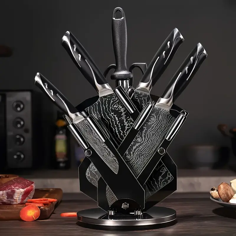 7pcs Damascus Pattern Stainless Steel Kitchen Knife Set With Universal Knife Holder - Chef, Fruit, And Safety Knives Included - For Professional & Home Cooks - Durable & Sharp - Ideal Gift For Foodies & Kitchen Enthusiasts