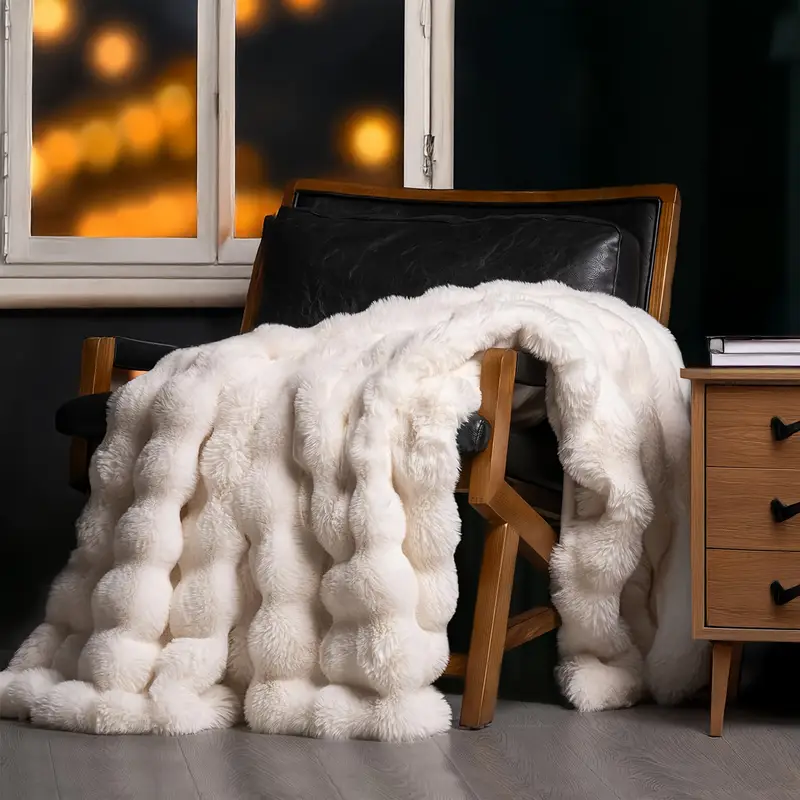 71" X 79" Throw Blanket For Couch Ivory Super Soft Flannel Fleece 3D Bubble Lightweight Bed Blanket Faux Rabbit Fur Blanket - Ultra Soft Lightweight Summer Throw For Bed, Sofa, Dorm, Car & Travel - Perfect Gift All Season Use 79" X 91"
