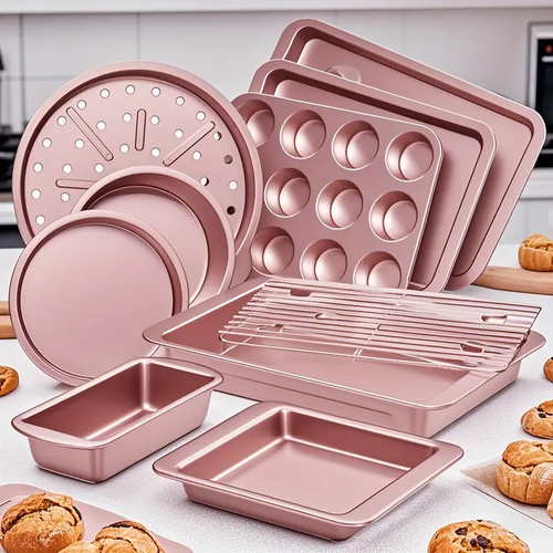 10pcs Non-Stick Baking Pans Set - Deluxe Carbon Steel Bakeware Set w/ Cookie Sheets, Muffin Pan, Roasting Pan, Cake Pan, Baking Tray, Pizza Pan - Easy to Clean