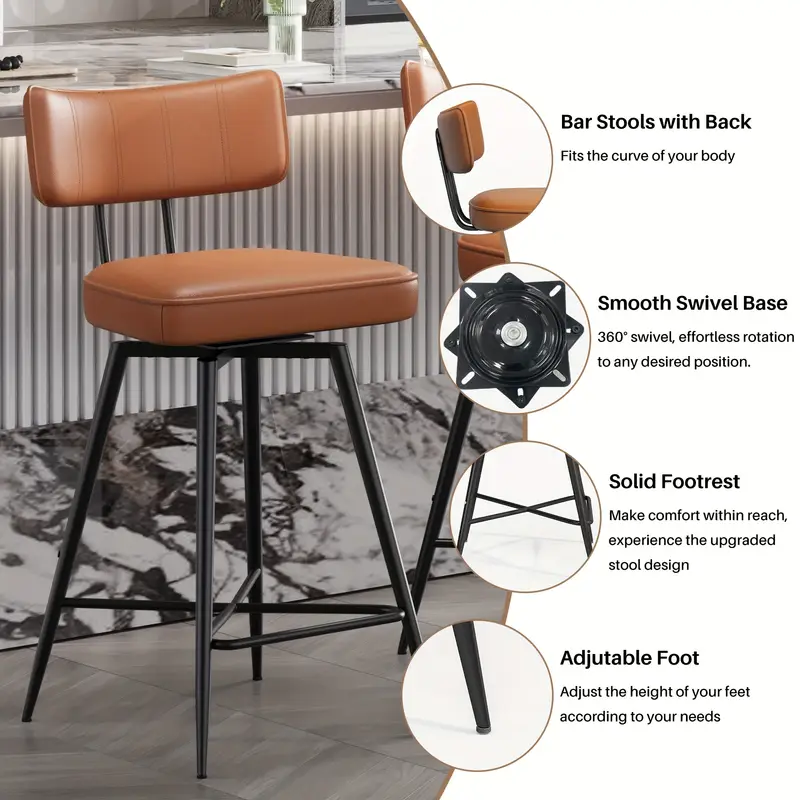 Set of 2 Swivel Bar Stools Set, 26" PU Leather Upholstered Counter Height Chairs with Ergonomic Backrest, Bar Stools with Footrest for Kitchen Counter and Dining Room, Available in Brown, Black, White and Gray