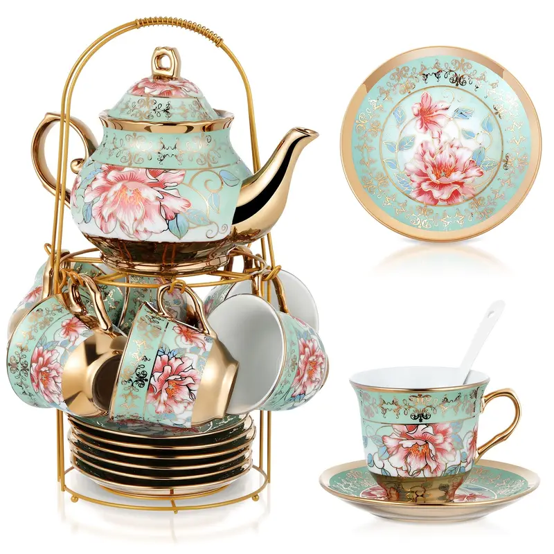20pcs Porcelain Tea Set with Metal Holder Adult Ceramic Tea Party Set European Flower Tea Cup Saucer Set for Adult Women with Flower Painting, Large Version (Fresh Style)