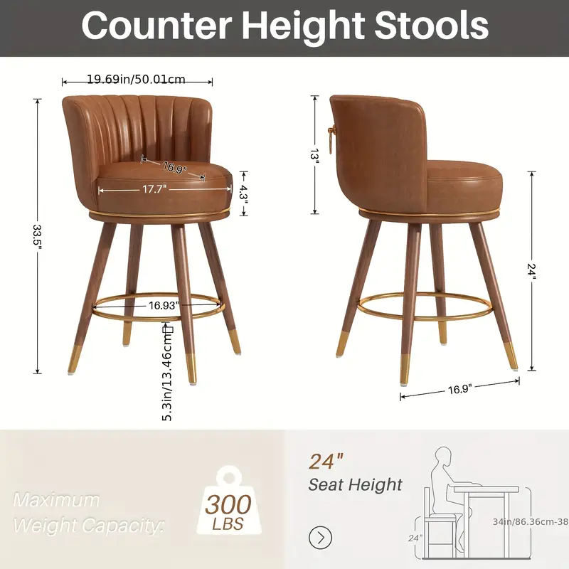 24" H Counter Height Bar Stools Set Of 4 Swivel Bar Stools With Back Faux Leather Upholstered Kitchen Chairs With Footrest Counter Bar Stool For Kitchen Island & Pub